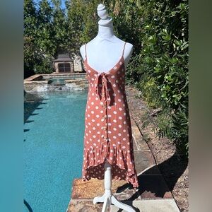 Rust Polka Dot Midi Dress with Ruffle Hem